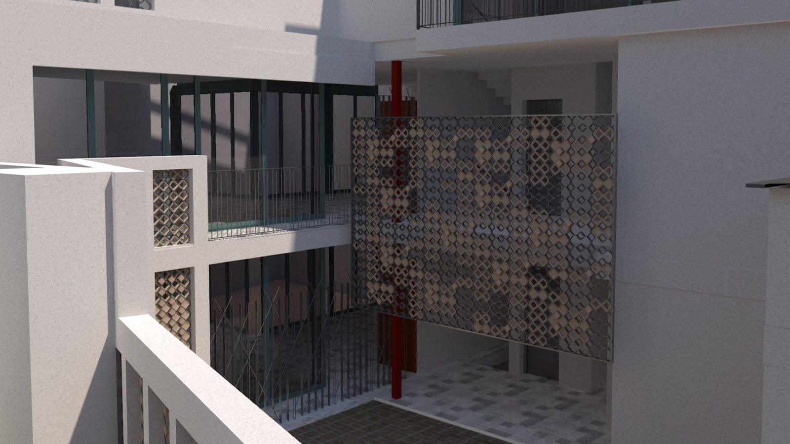 Diseño de reja de barro y metal para el conjunto residencial el Adarve de los Alfareros. Triana, Sevilla.