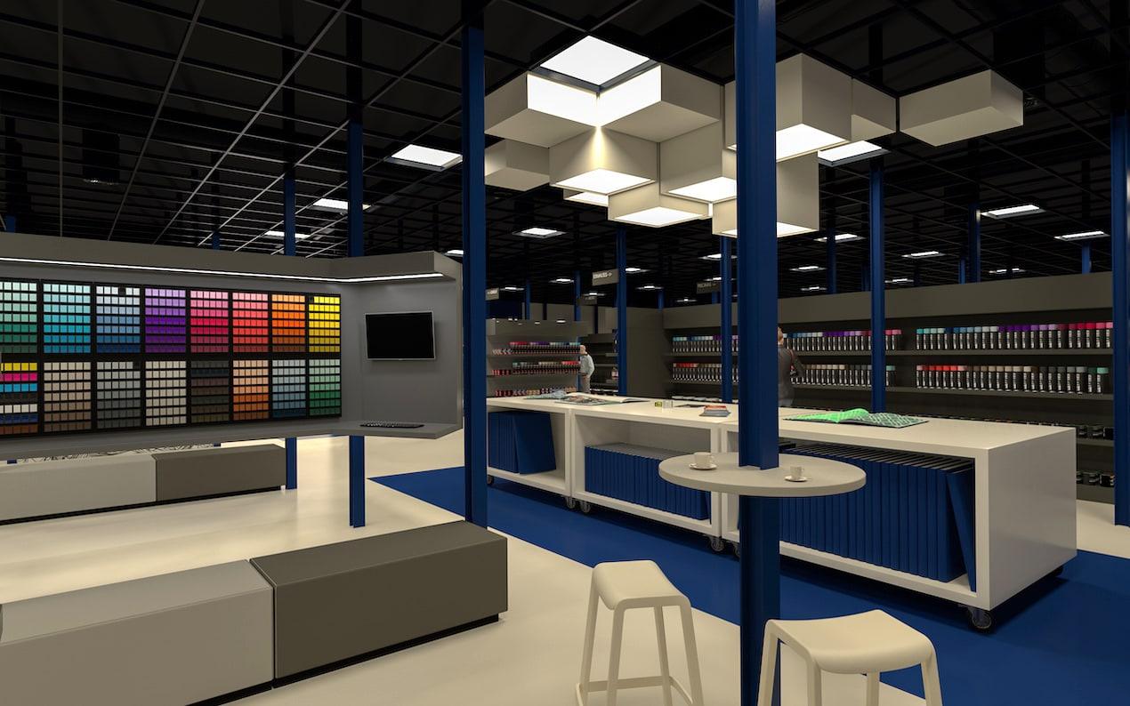 Don Pintura. Diseño de sus instalaciones centrales. 3 Don Pintura. Proyecto de diseño de interior de sus instalaciones centrales. Diseño de mueble para carta de colores.