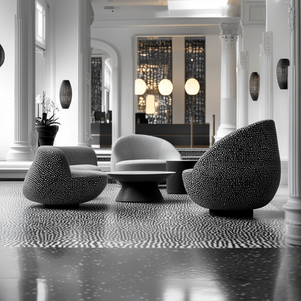 Interiorismo táctil de lujo para lobby de hotel con sofás de diseño escultórico y detalles clásicos en un espacio moderno.
