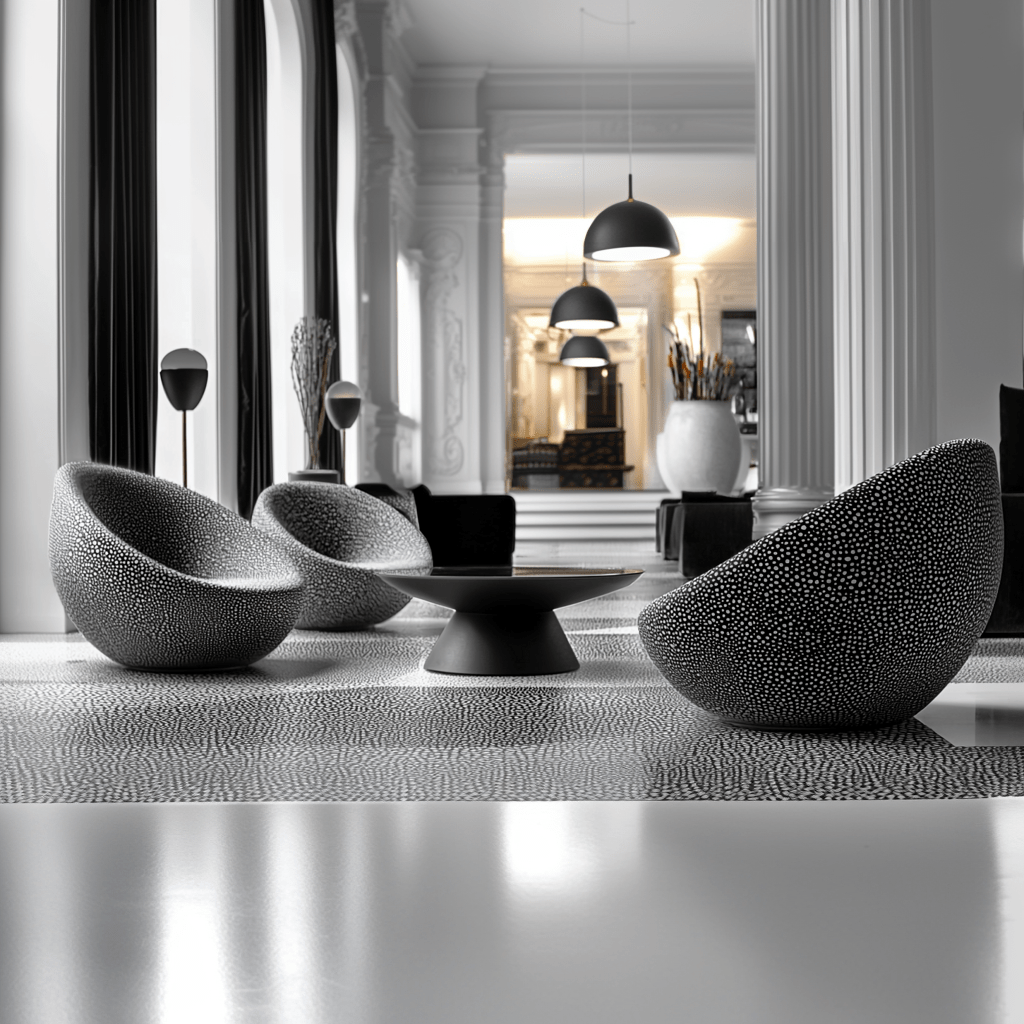 Zona de descanso con sofás de diseño orgánico, interiorismo de lujo y detalles arquitectónicos clásicos.