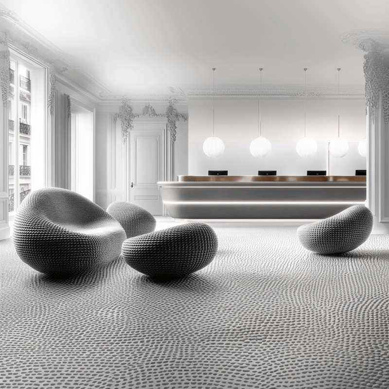 Diseño de interior con mobiliario de texturas granuladas y luz natural en un ambiente de lujo.