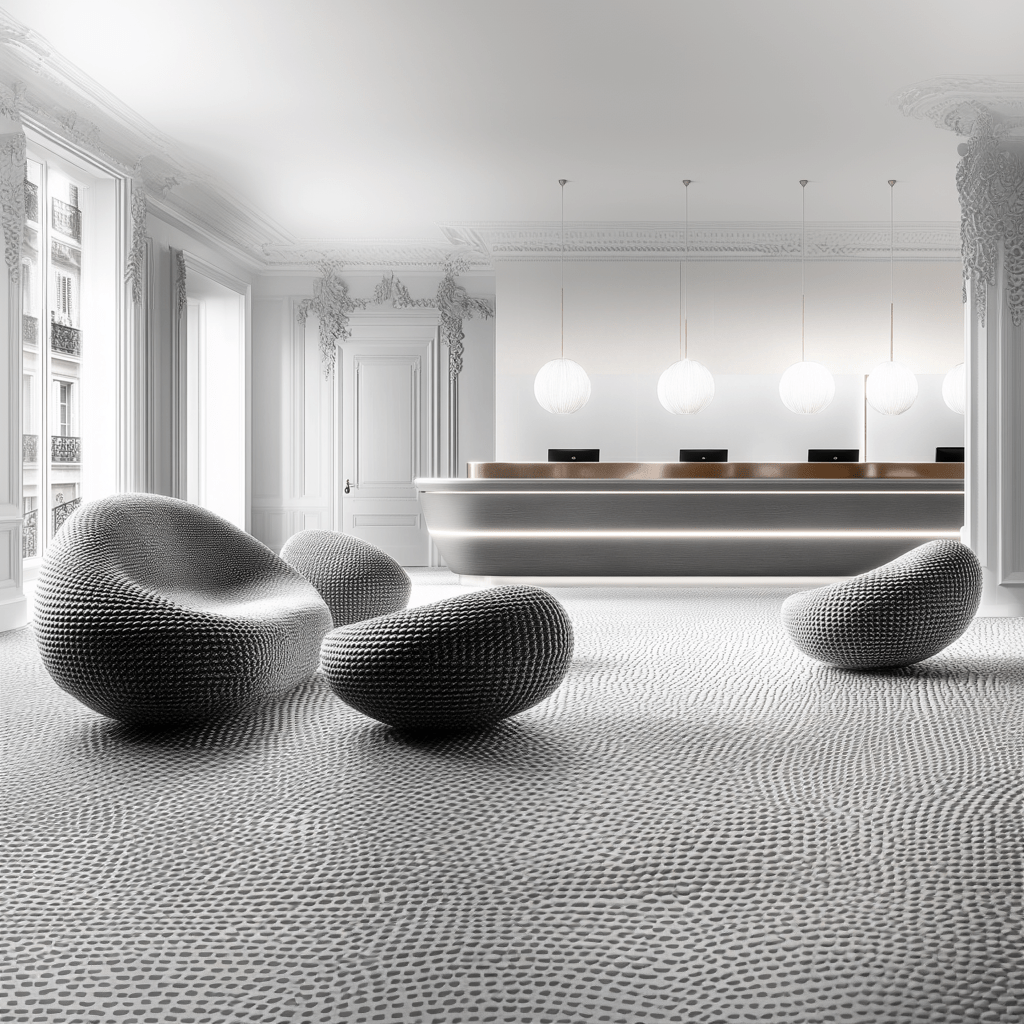 Diseño de interior con mobiliario de texturas granuladas y luz natural en un ambiente de lujo.