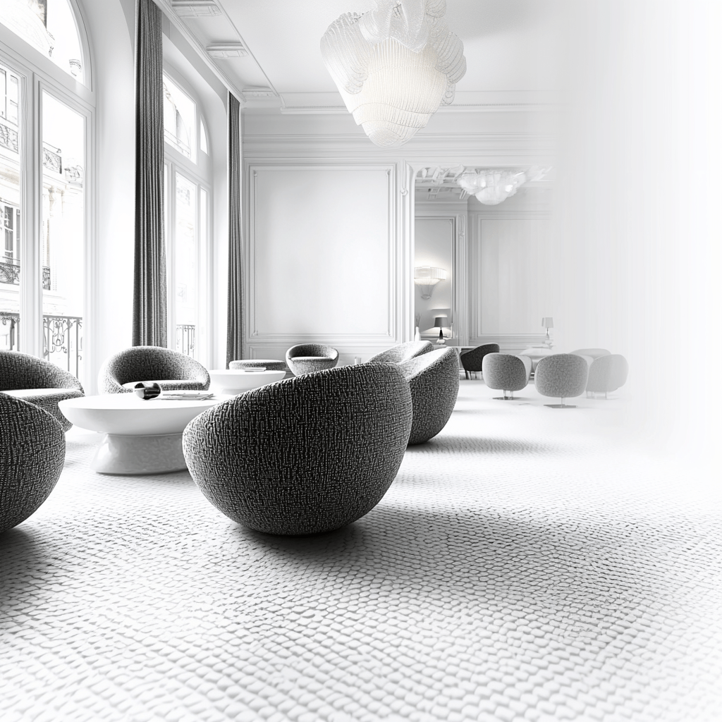 Diseño de recepción de hotel con mobiliario de formas orgánicas, minimalismo japonés y detalles clásicos parisinos.