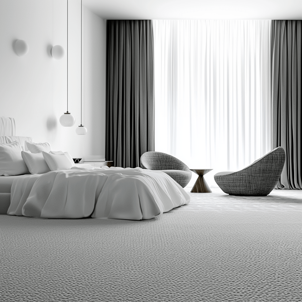 Habitación de hotel con diseño táctil, mobiliario escultórico y tonos neutros en un ambiente sofisticado.