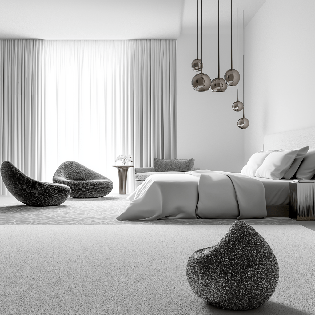 Habitación de hotel con diseño de interiores minimalista, tonos neutros y muebles de texturas táctiles.